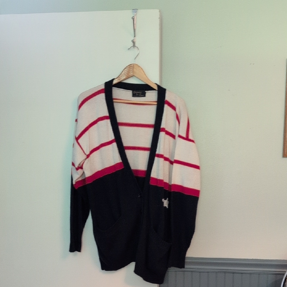 Striped Cardigan with Red and Black Accents